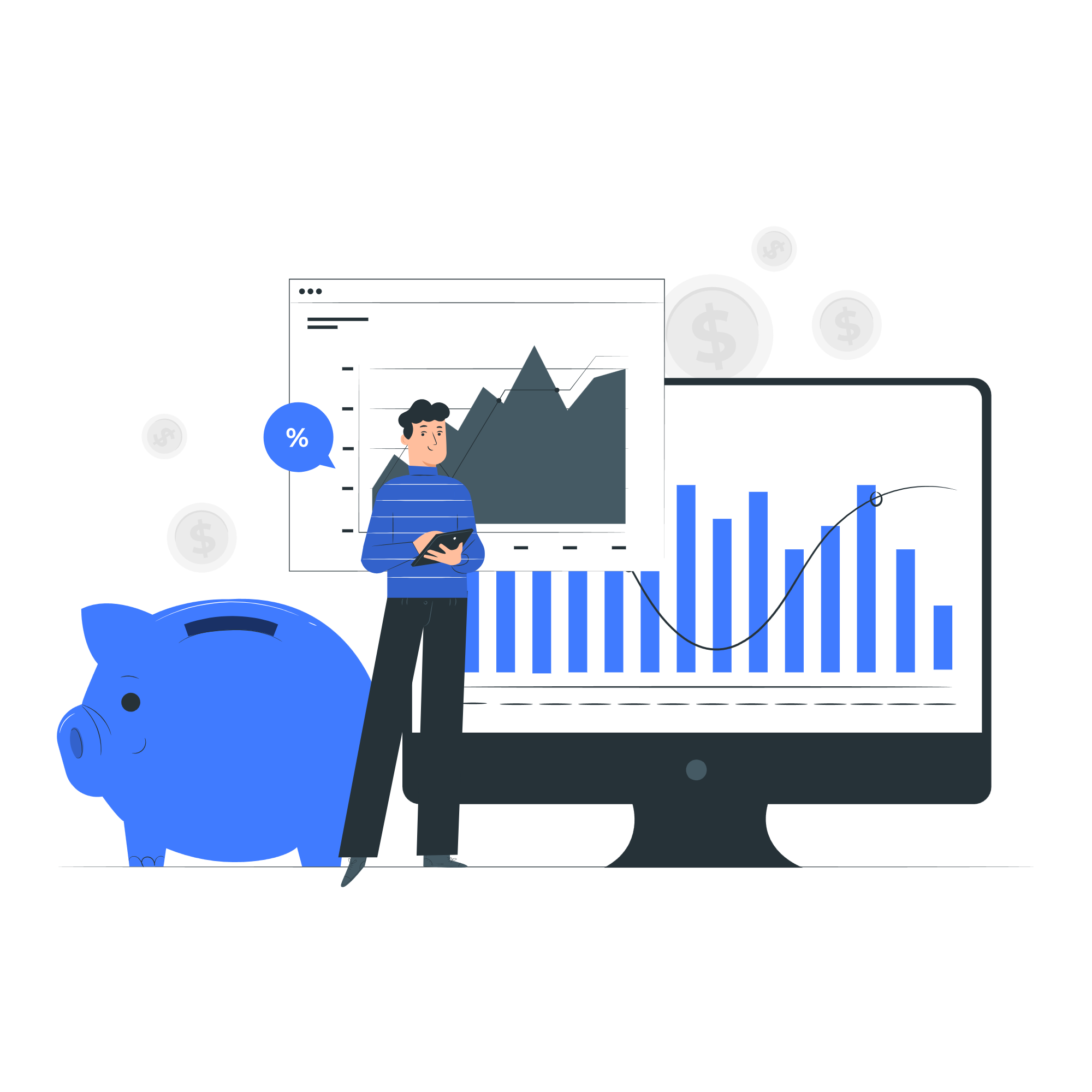 A vector image of a person explaining financial trends while holding a tablet and projecting on a large screen